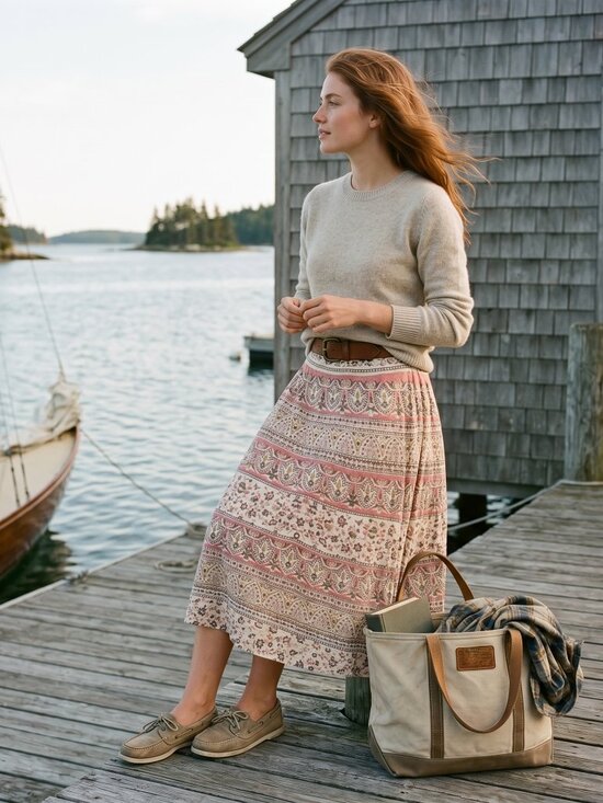 Eddie Bauer Dresses & Skirts - Eddie Bauer L Pink Beige Boho Floral Paisley Midi Skirt 100% Cotton Cottagecore